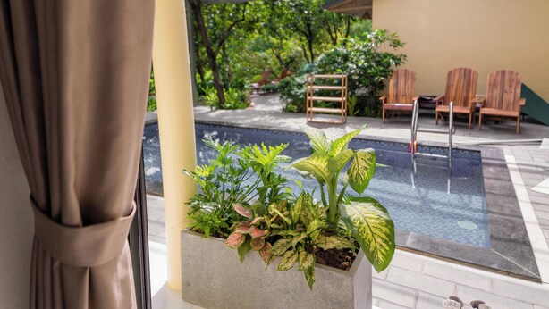 A pool area with chairs and potted plants. - Trang An Freedom Hood (Tay Hoa Lu)