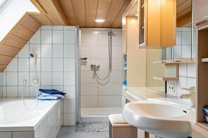 Shower, hair dryer, towels - Apartment 'Landlust' with Shared Terrace, Shared Garden and Wi-Fi (Neudrossenfeld)