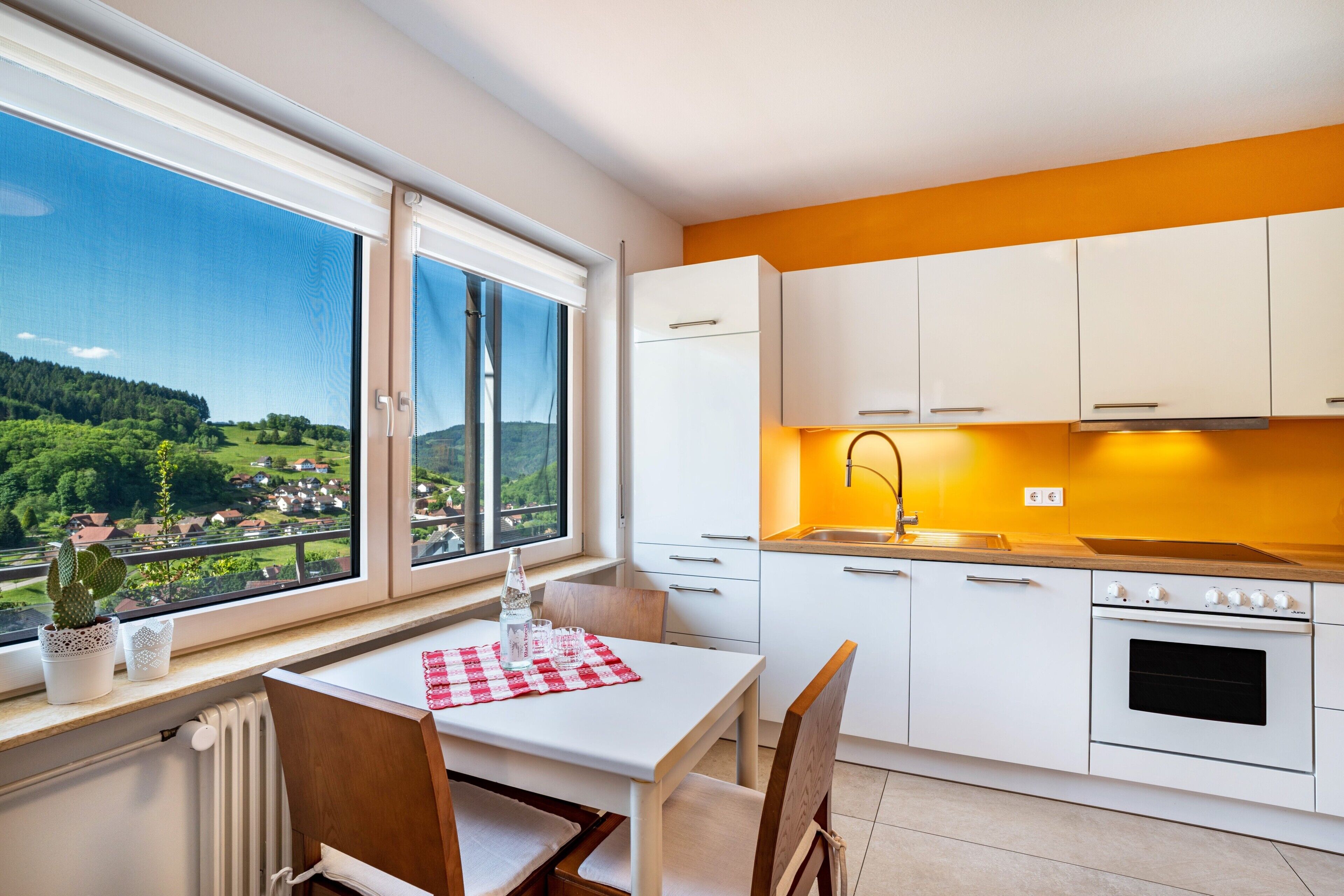 A modern kitchen with white cabinets, a built-in oven, and a window overlooking a scenic landscape.