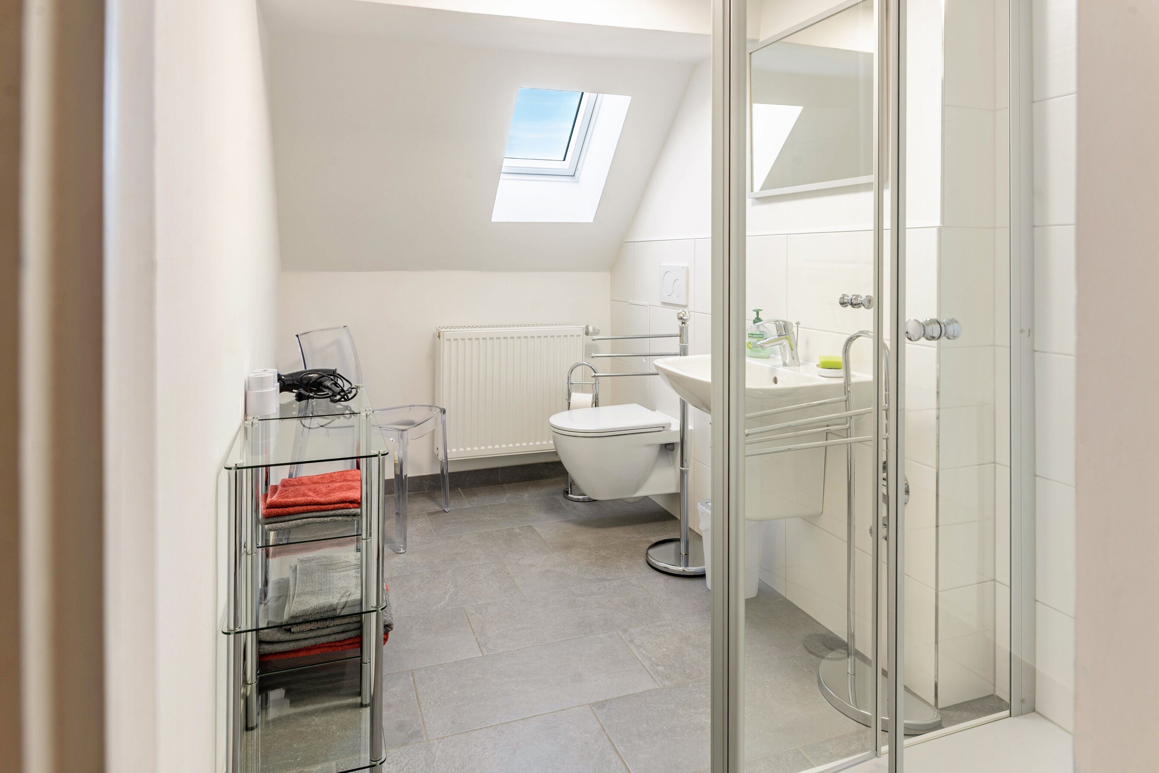 Shower, hair dryer, towels