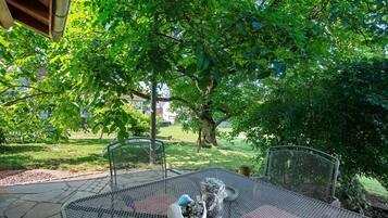 Un patio con una mesa y sillas de metal, rodeado de abundante vegetación y un gran árbol.