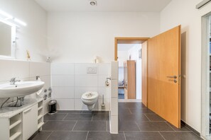 A modern bathroom with a white sink, mirror, and toilet.