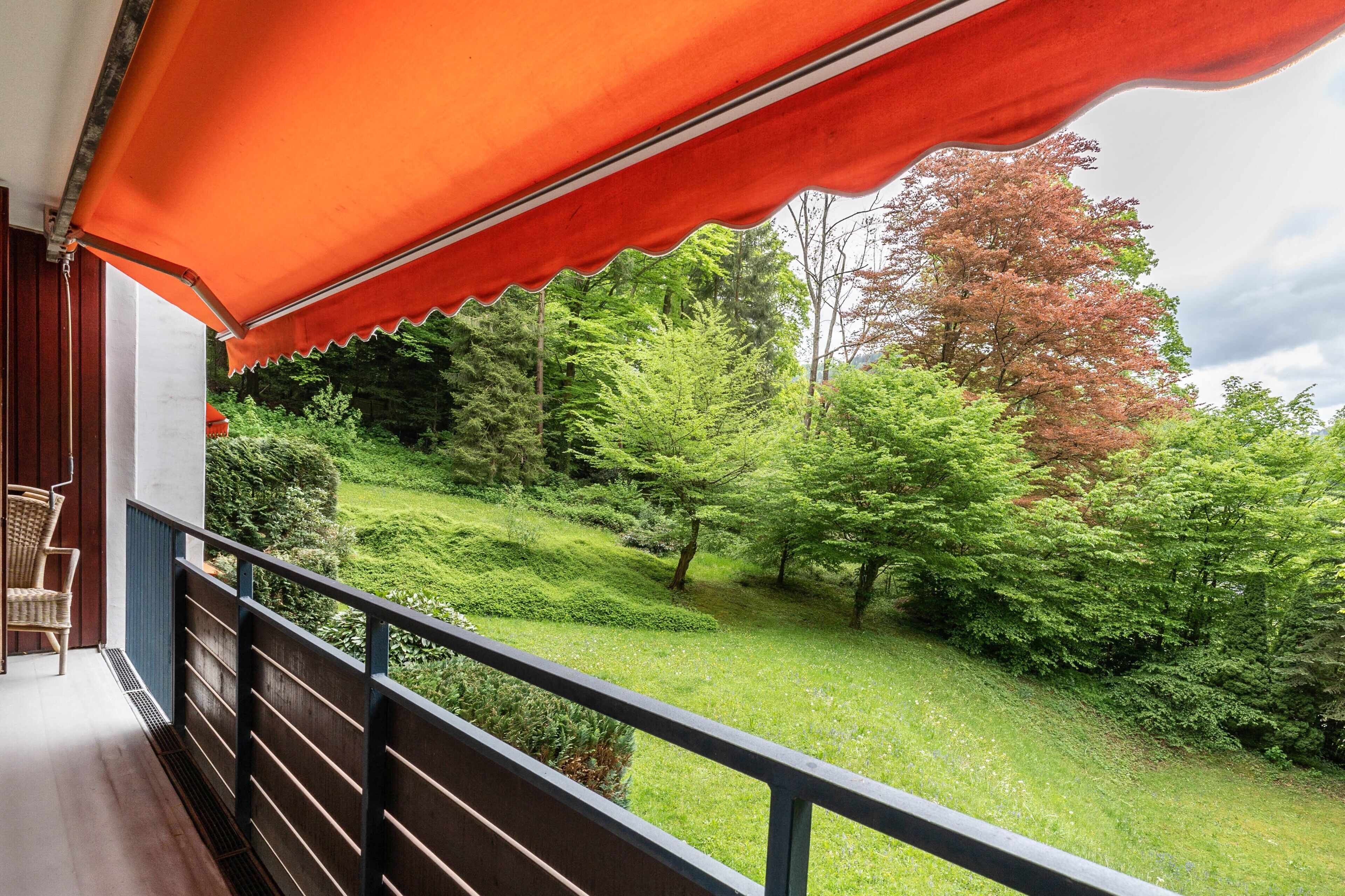 Un balcone con vista su un paesaggio verde e alberato.