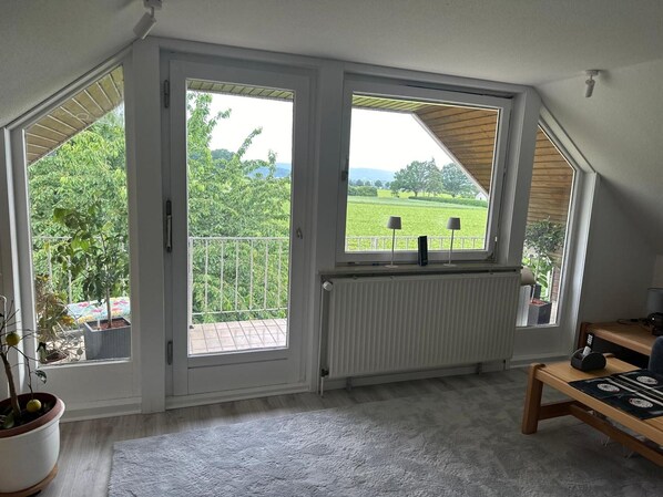 A room with a large window, a radiator, a wooden bench, and a potted plant.