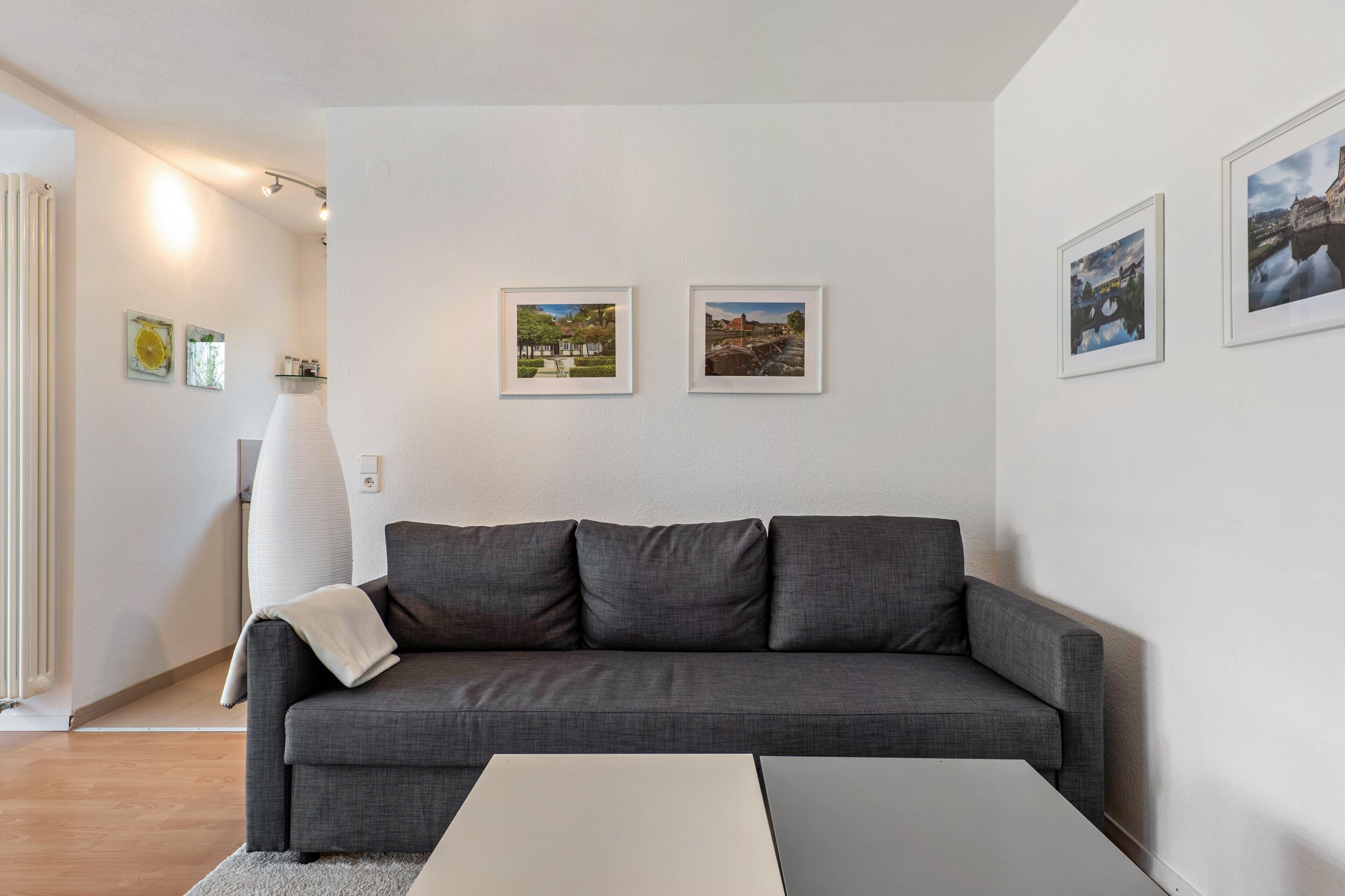 Een moderne woonkamer met een grijze bank, een witte salontafel en drie ingelijste foto’s aan de muur.