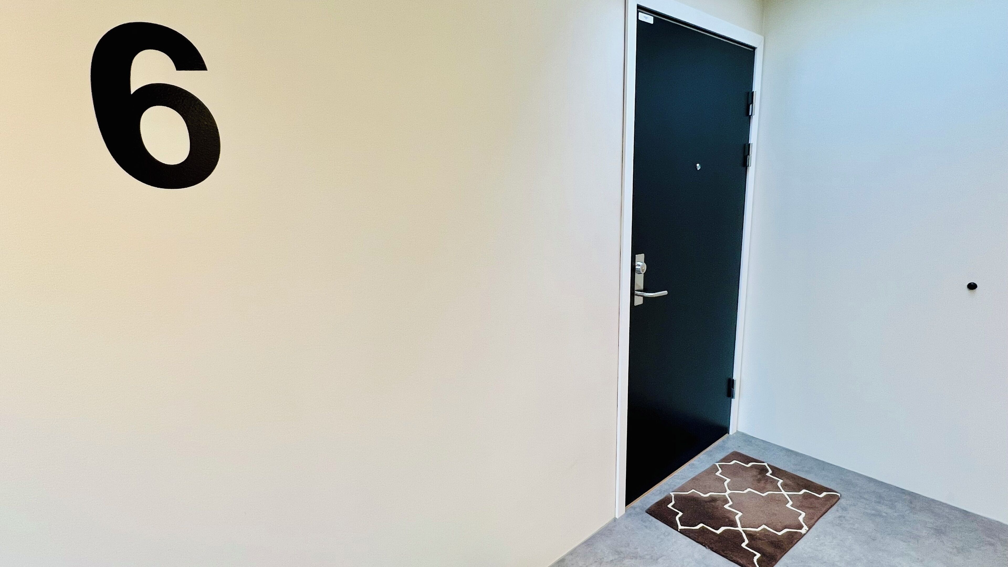 A hallway with a door labeled '6', a carpeted floor, and a wall-mounted number sign.