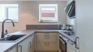 Een koelkast, een oven, een kookplaat, een vaatwasser