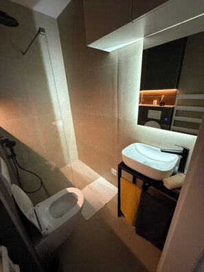 Douche, serviettes fournies, savon, papier toilette