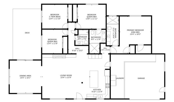 Ein Grundriss mit Wohnzimmer, Essbereich, Küche, zwei Schlafzimmern, zwei Bädern, einer Diele und einer Garage.