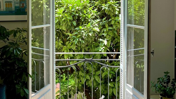 An open door leading to a balcony with a metal railing, surrounded by lush green foliage. - Berlioz Blue AP4458 by Riviera Holiday Homes (Niza)