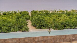 Ein Pool mit Meerblick, umgeben von üppigem Grün.