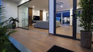 A modern interior with a glass door leading to a living area, a flat-screen TV, and a large potted plant.