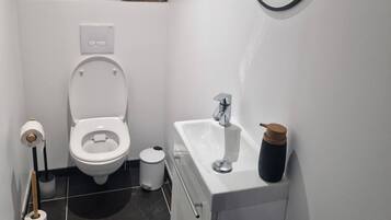 Een compacte, moderne badkamer met toilet, wastafel en spiegel. Er is een plank met toiletartikelen en een klein mandje.