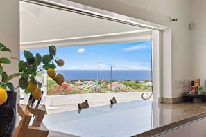 Una cocina con vista al océano, una mesa de comedor, sillas y una planta en maceta.