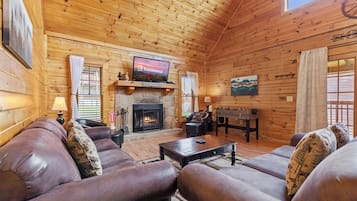 Signature Cabin, 2 Bedrooms, Non Smoking, Hot Tub | Living room | 55-inch Smart TV with digital channels, fireplace