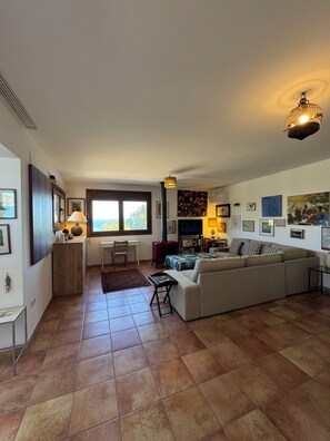 TV, fireplace, books, stereo