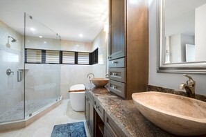 Shower, hair dryer, towels