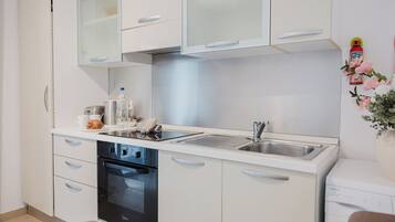 Fridge, oven, toaster, cookware/dishes/utensils