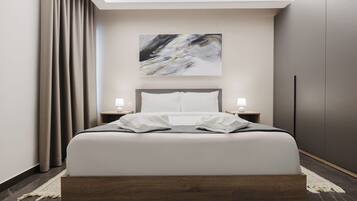 A modern hotel room with a large bed, a skylight, a painting on the wall, and a nightstand with a lamp.