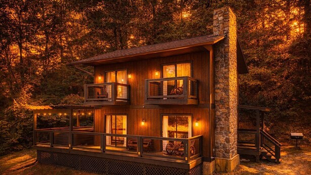 A two-story wooden cabin with balconies, surrounded by trees. - Arcadian Pass, “Cozy Cabin Retreat in the Smokies – Comfort & Fun for All” (Sevierville)