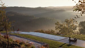 Un paisaje tranquilo con vista despejada a una piscina, una silla y una estatua en un jardín.