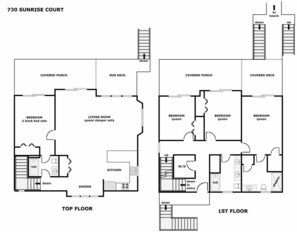 Planta baixa do número 730 da Sunrise Court, com dois quartos com camas de casal, uma sala de estar com sofá-cama de casal, um alpendre coberto, um deck ensolarado, um deck coberto, uma cozinha coberta, uma área de refeições coberta, um banheiro coberto e um hall de entrada coberto.