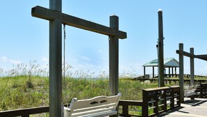 A wooden pier with benches and a gazebo. - 3 Blocks to Beach/Downtown & 2 Parking Spots, 3 BLOCKS FROM THE BEACH & BOULEVARD -Lindy's Landing (Carolina Beach)