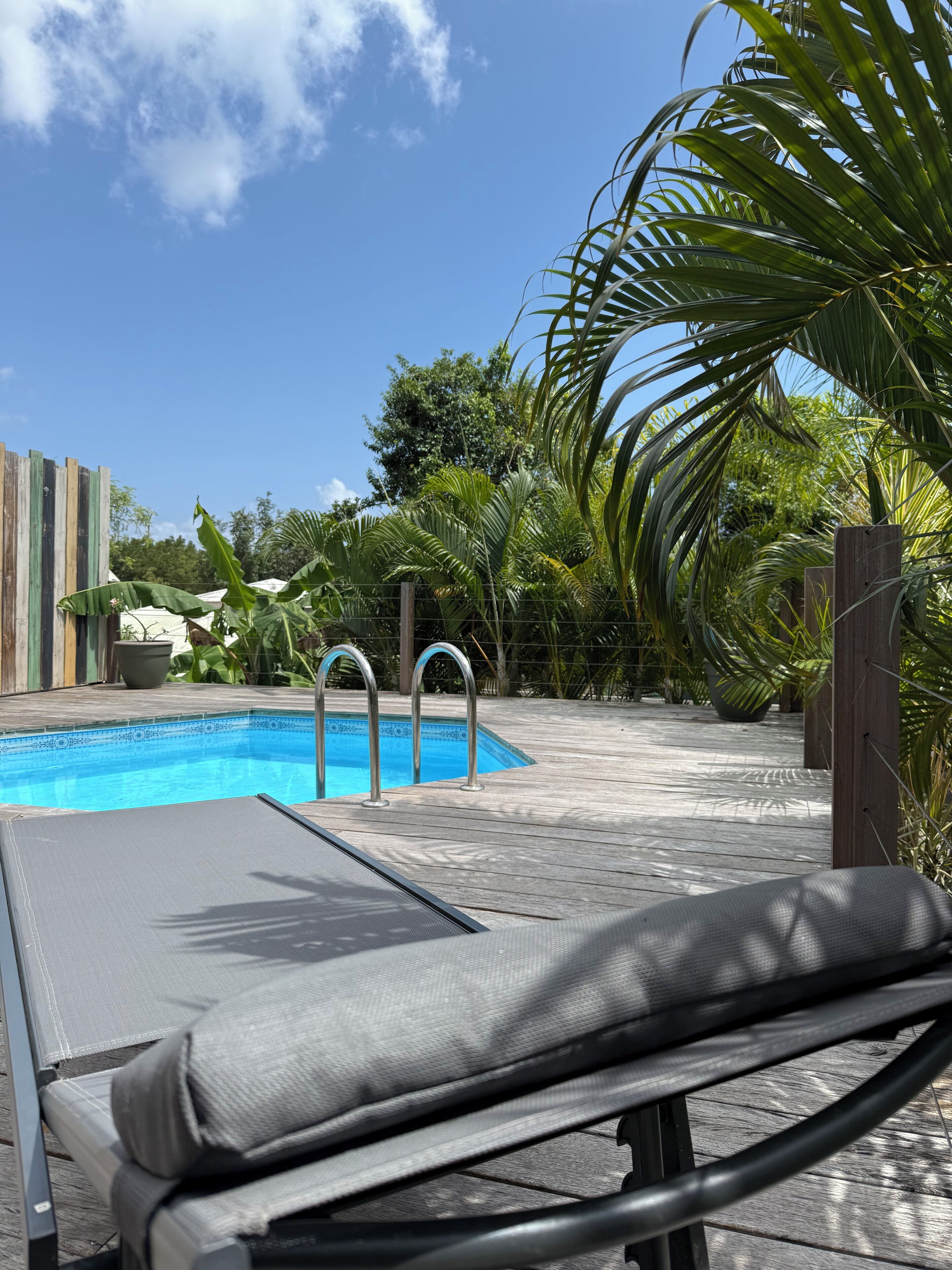 Un espace piscine doté d’une terrasse en bois, de chaises longues et d’un escalier métallique pour accéder à la piscine.