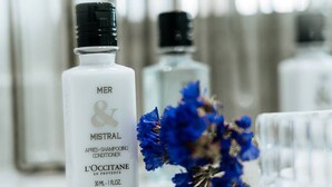 A bottle of Mer & Misteral after-shampoo conditioner and a blue flower on a white surface. - Charming air-conditioned apartment, central Pézenas, pets welcome (Pézenas)
