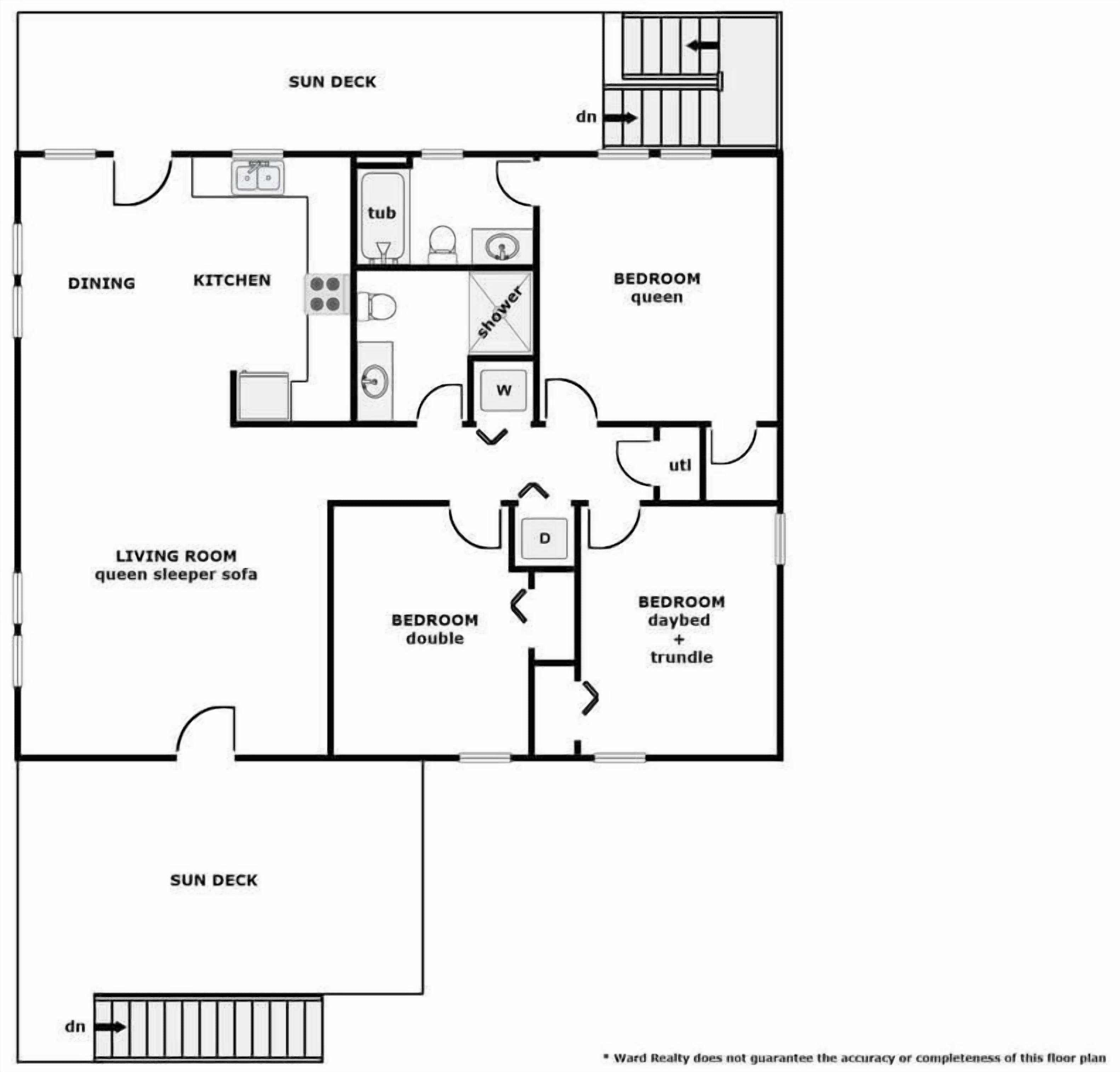 A floor plan with a dining area, kitchen, two bedrooms, a living room, and a sun deck.