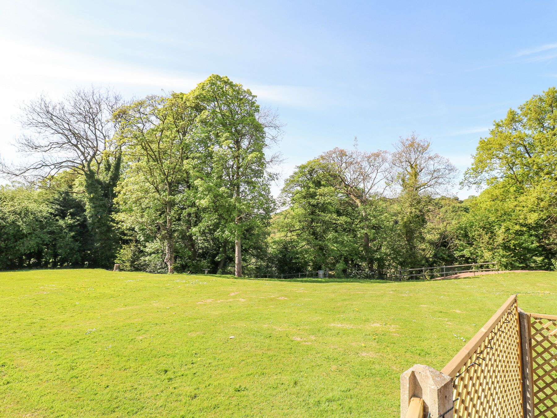 A grassy field with a wooden fence and trees in the background.