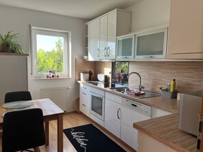 Fridge, microwave, oven, stovetop - Charming, bright apartment with 3 bedrooms (55459 Grolsheim)
