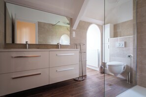 Shower, hair dryer, toilet paper