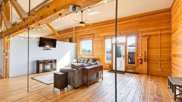 Smart TV, fireplace, books