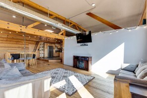 Smart TV, fireplace, books