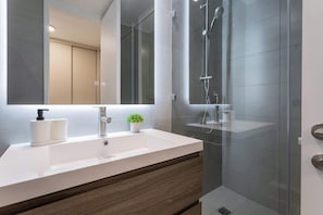 Shower, hair dryer, towels