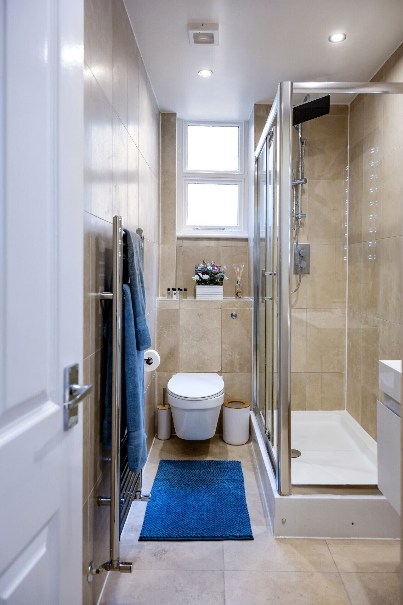 Une salle de bain moderne avec une douche à l’italienne en verre, des toilettes et un tapis bleu.