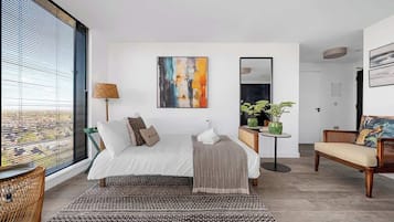 1 bedroom, desk, iron/ironing board, travel cot