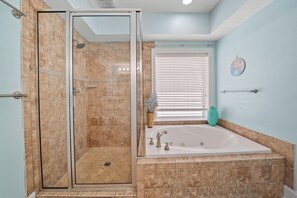 Jetted tub, hair dryer, towels, soap