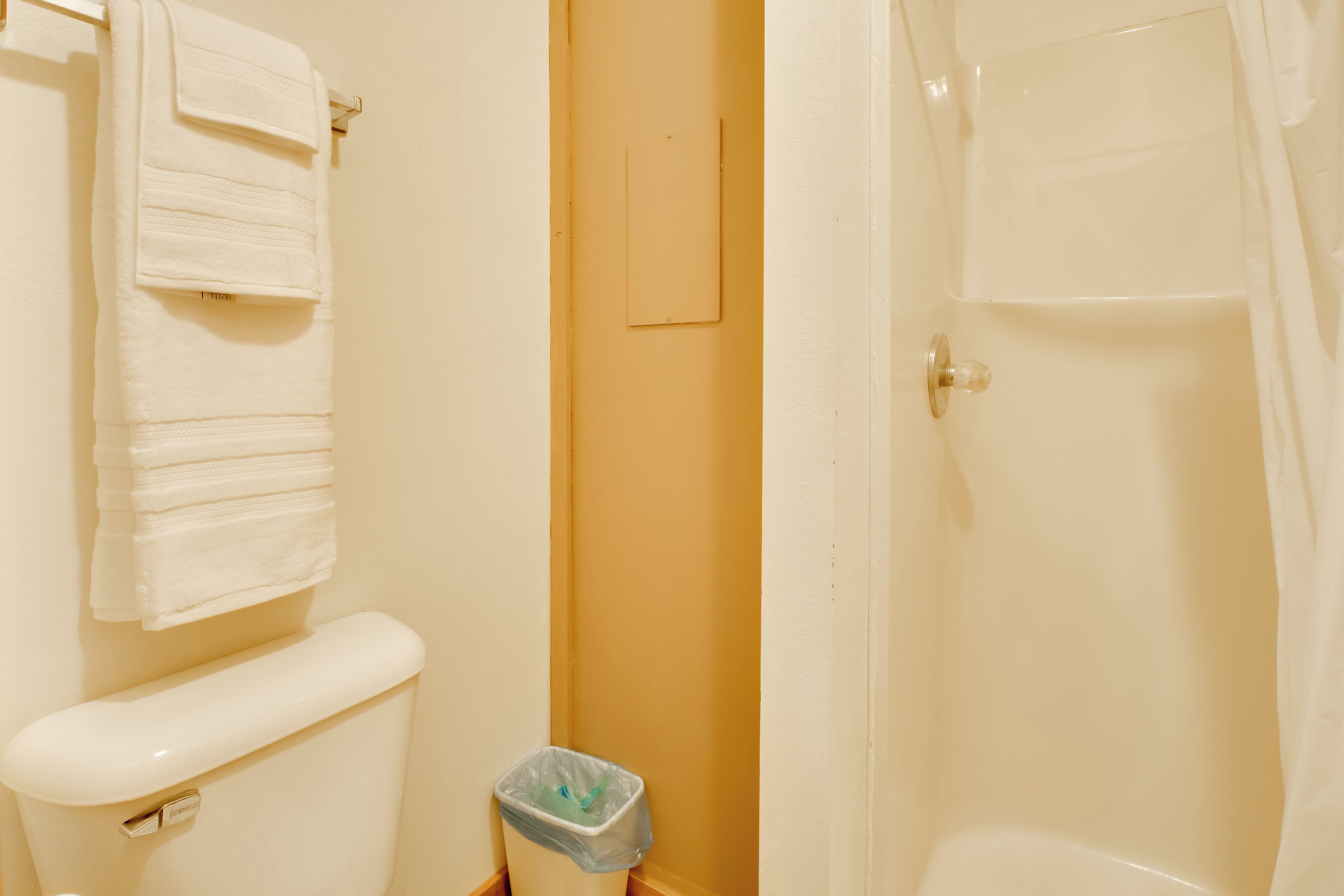 A bathroom with a toilet, a trash bin, and a shower area.