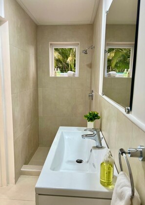 Shower, hair dryer, towels