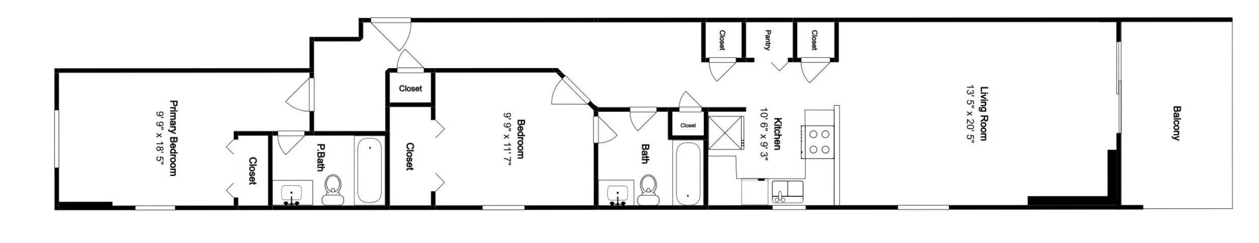 Plano de planta de un hotel que muestra un dormitorio principal, un dormitorio secundario, baño, cocina y sala de estar.
