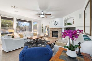 TV, fireplace, offices