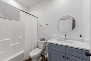 Une salle de bain avec des toilettes, un lavabo avec un miroir et un rideau de douche.