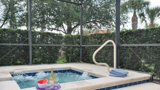 A hot tub with a bottle of champagne, a glass, and a bowl of watermelon slices. - Resort Villa w/ Private Pool & Family Fun (Davenport)