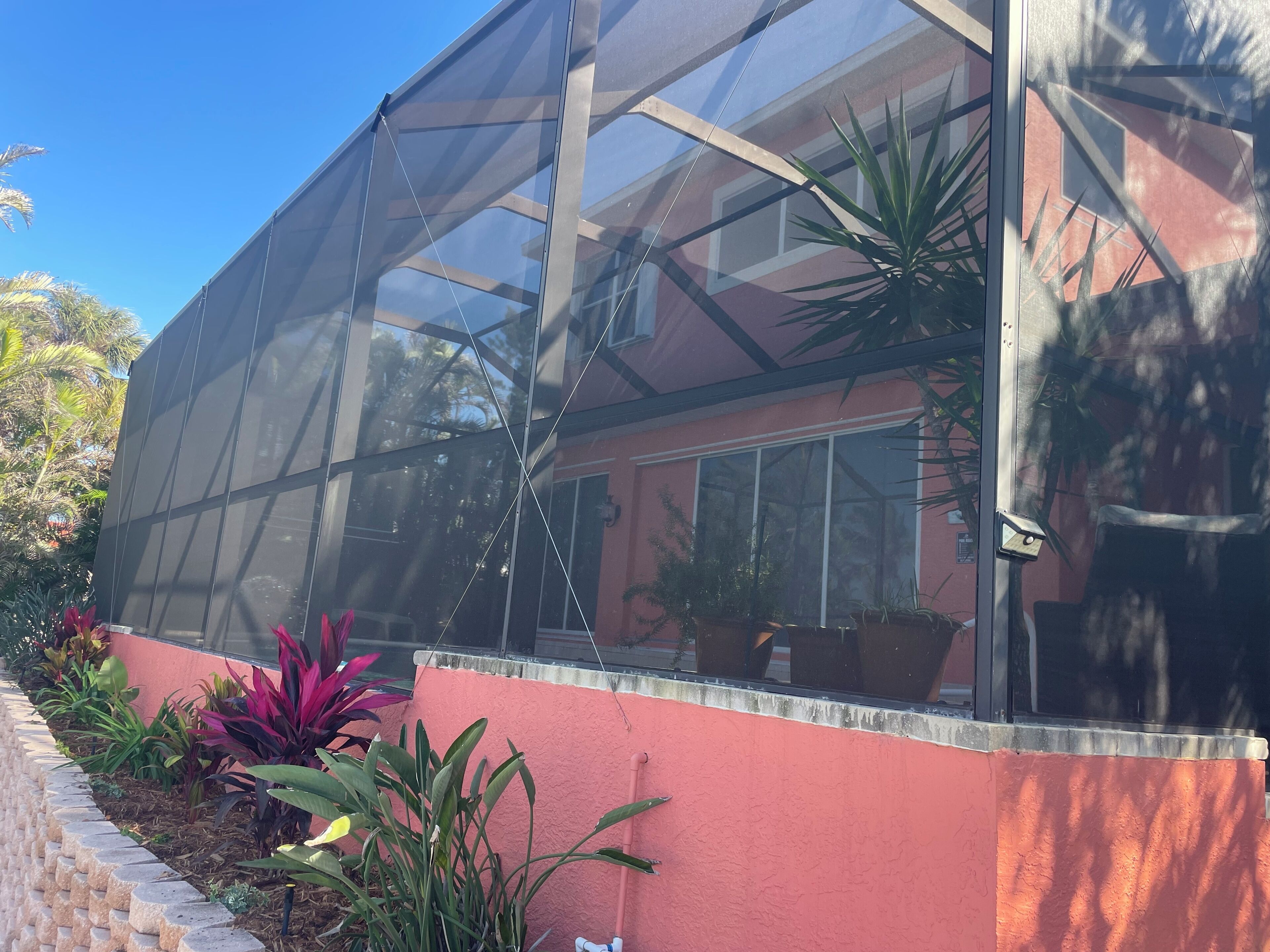 Une serre dotée d’un toit transparent, entourée de plantes en pot et bordée d’un chemin en briques.