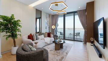 Deluxe appartement, 2 slaapkamers, balkon, uitzicht op zee | Woonruimte