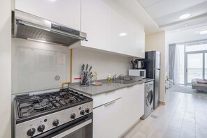 Fridge, microwave, stovetop, toaster