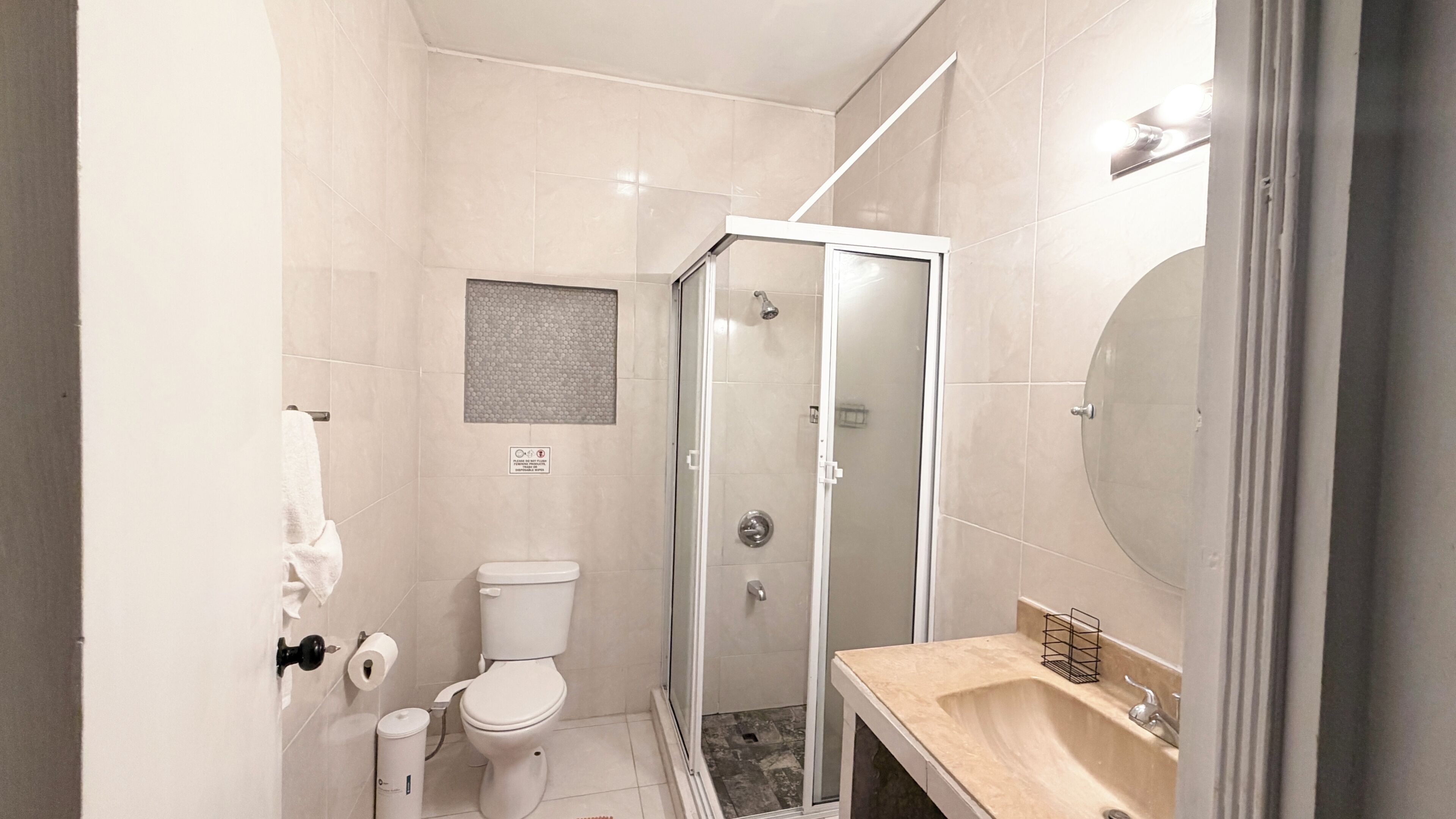 Shower, towels, soap, shampoo