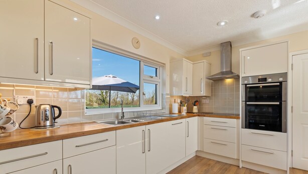 A modern kitchen with white cabinets, stainless steel appliances, a window with a view, and a built-in oven.